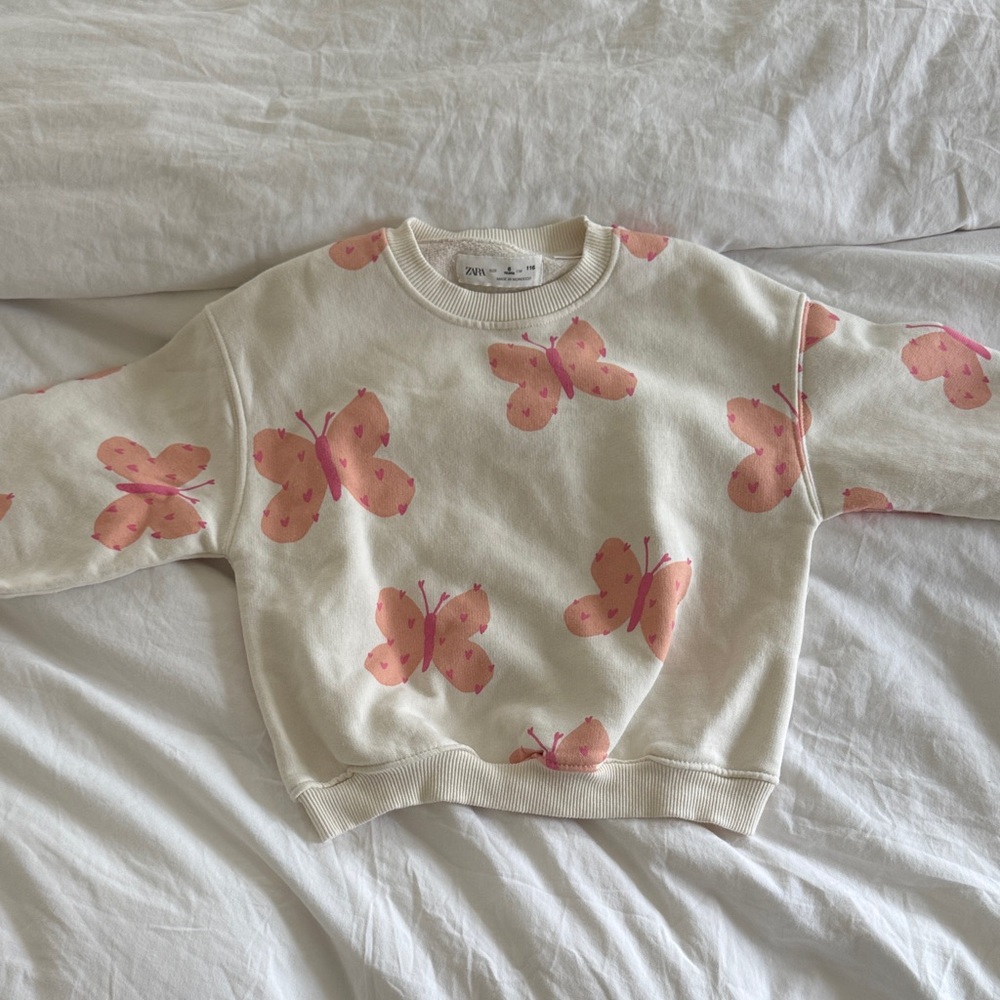 Zara Kids Cream Sweatshirt with Pink Butterfly Print, Size 6